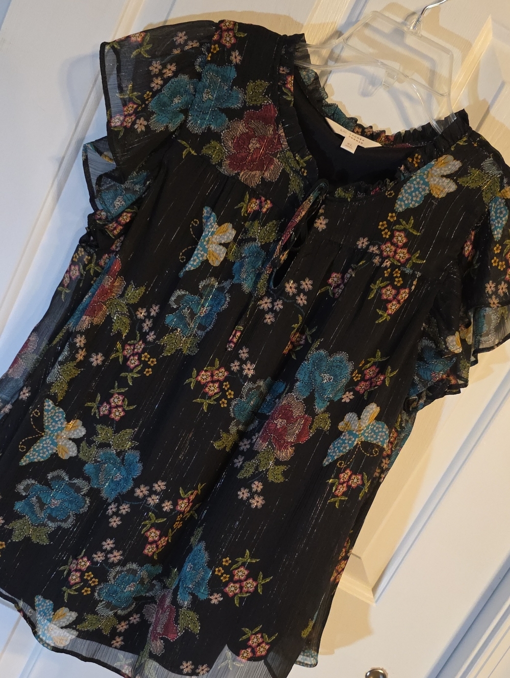 LC Lauren Conrad Black Floral Chiffon Blouse with Blue and Pink Flowers